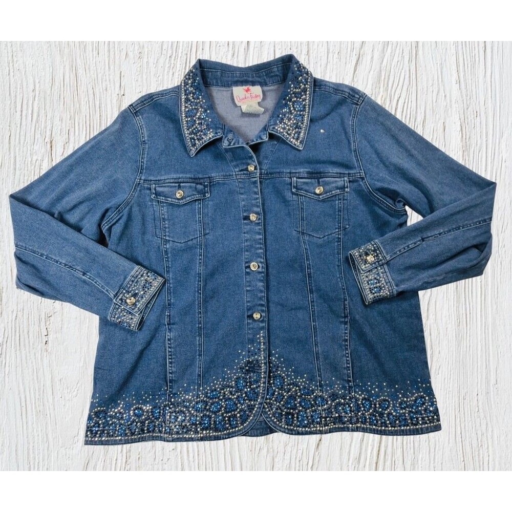 Quacker Factory Denim Jacket Womens XL Blue Rhinestone and Stud Embellished